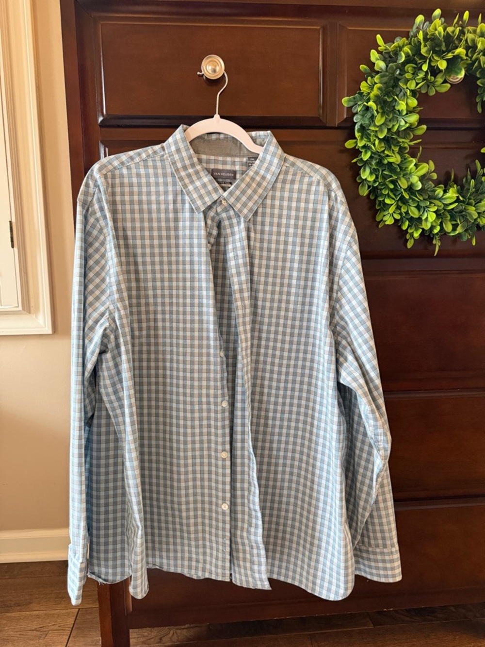 Van Heusen Light Blue and White Check Button-Down Shirt